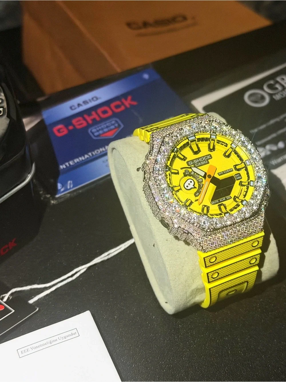 Casio G-Shock Yellow Men's Watch with Pink Crystal Bezel